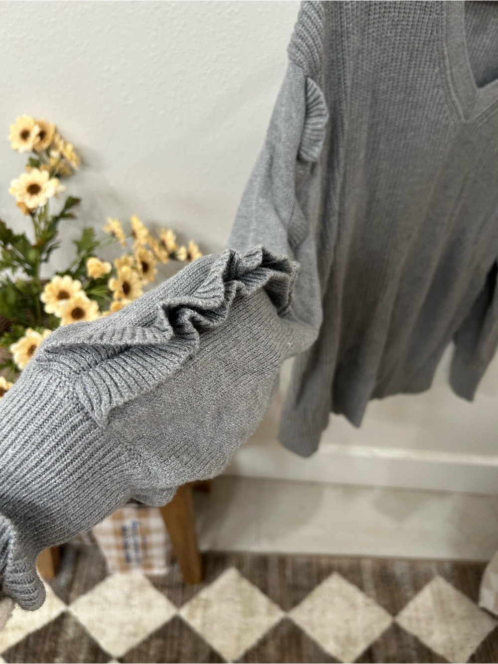 Express Grey Ruffled V-Neck Sweater - Picture 3 of 4